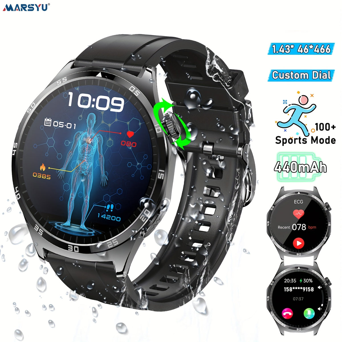 Marsyu Smartwatch with Wireless 5.0 Calls, 440mAh Long-Lasting Battery, 1.43\