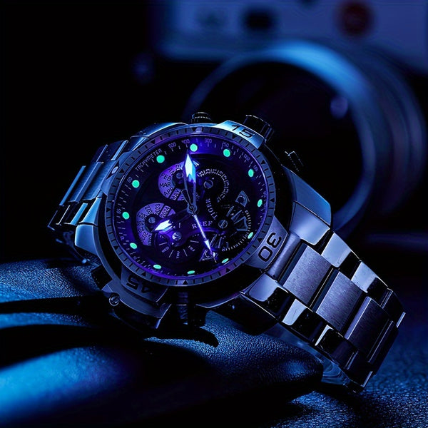 REEF TIGER Sport Automatic Watch - Big Dial Skeleton, Water Resistant, Stainless Steel, Date and Calendar
