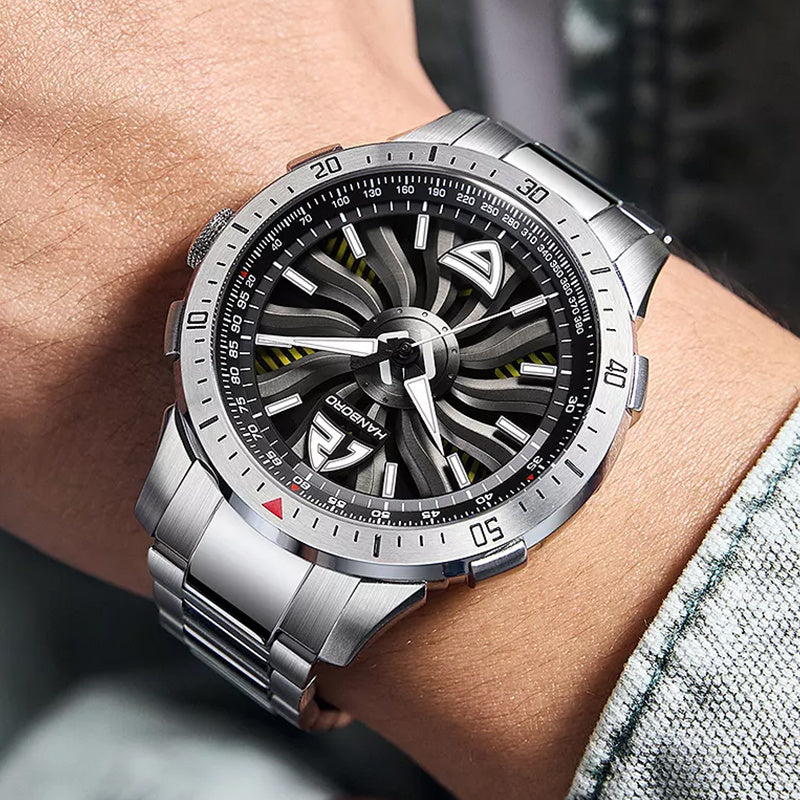 1pc Youth Men's Silvery Black Steel Belt Avant-garde Ruffian Car Turntable Scale Automatic Mechanical Watch